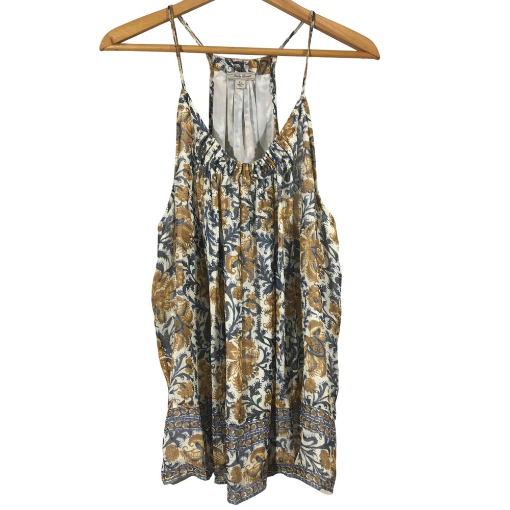 Lucky Brand Floral Print Women's Tank‎ Blouse XL Blue White Gold Metallic Stripe